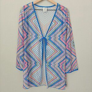 Becca Swim Cover-Up Kimono | Sheer Mesh Tie Front | Colorful Boho Beachwear M/L